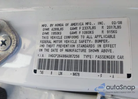 2008 Honda Accord 2.4 Lx-P from USA, damaged, VIN 1HGCP26498A087256